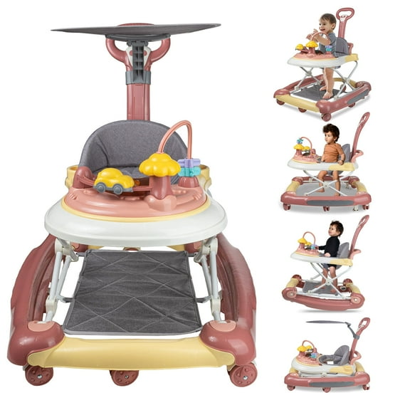 EONROACOO 5-in-1 Baby Walker for Boys Girls, Adjustable Infant Walkers with Wheels(Pink)
