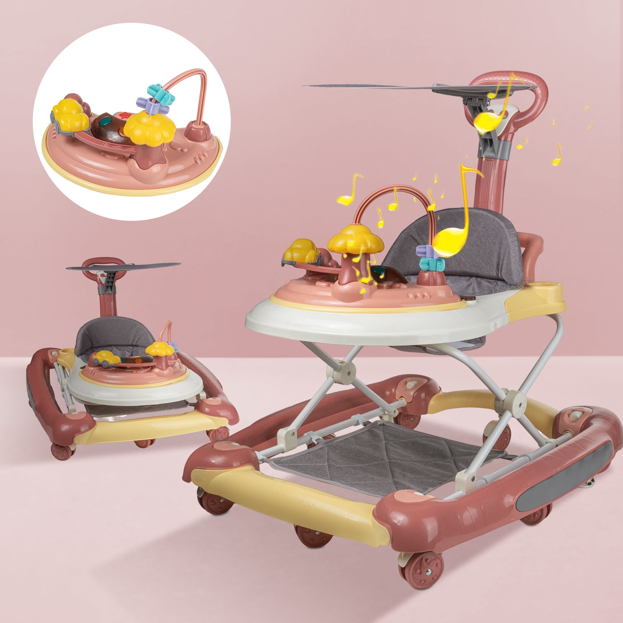 EONROACOO 5-in-1 Baby Walker with Wheels,Infant Toddler Walkers Bouncer for Boys Girls,Pink