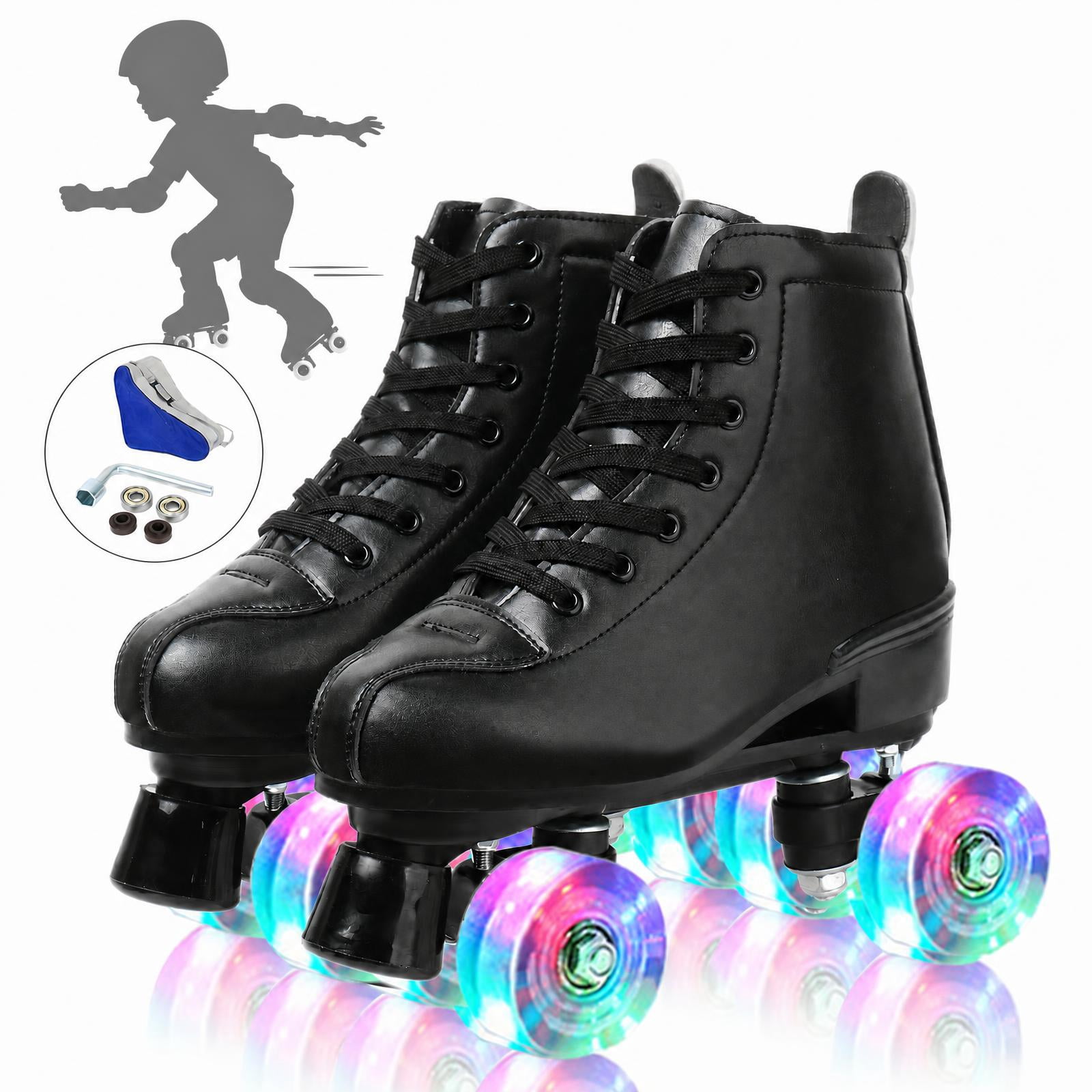 EONROACOO Black Roller Skates for Girls Boys, Light up 4 Wheels Kids Skates,Youth 3