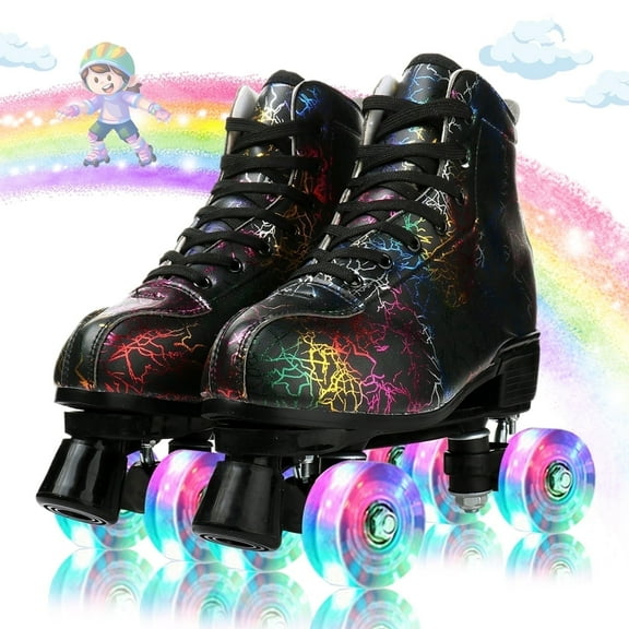 EONROACOO Boys Girls Roller Skates for Kids Teen, Light up Black Double Row Skates(Youth 5/Women's 5.5/Men 5)