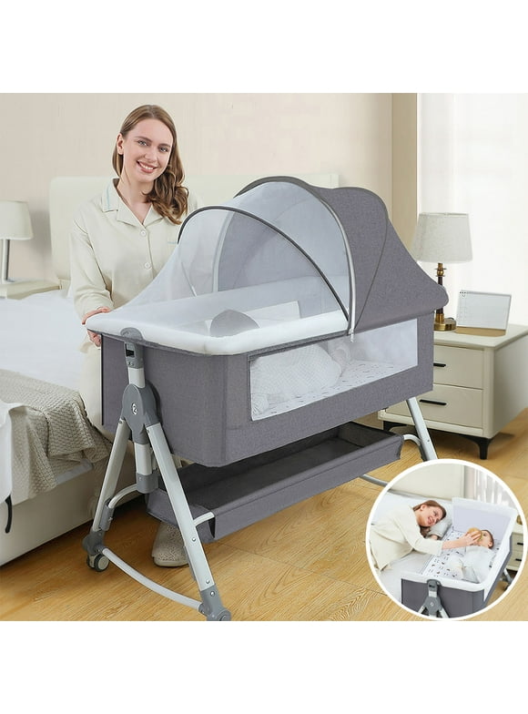 EONROACOO Foldable Baby Bassinet with Changing Table, Adjustable Bedside Crib for Infant, Gray