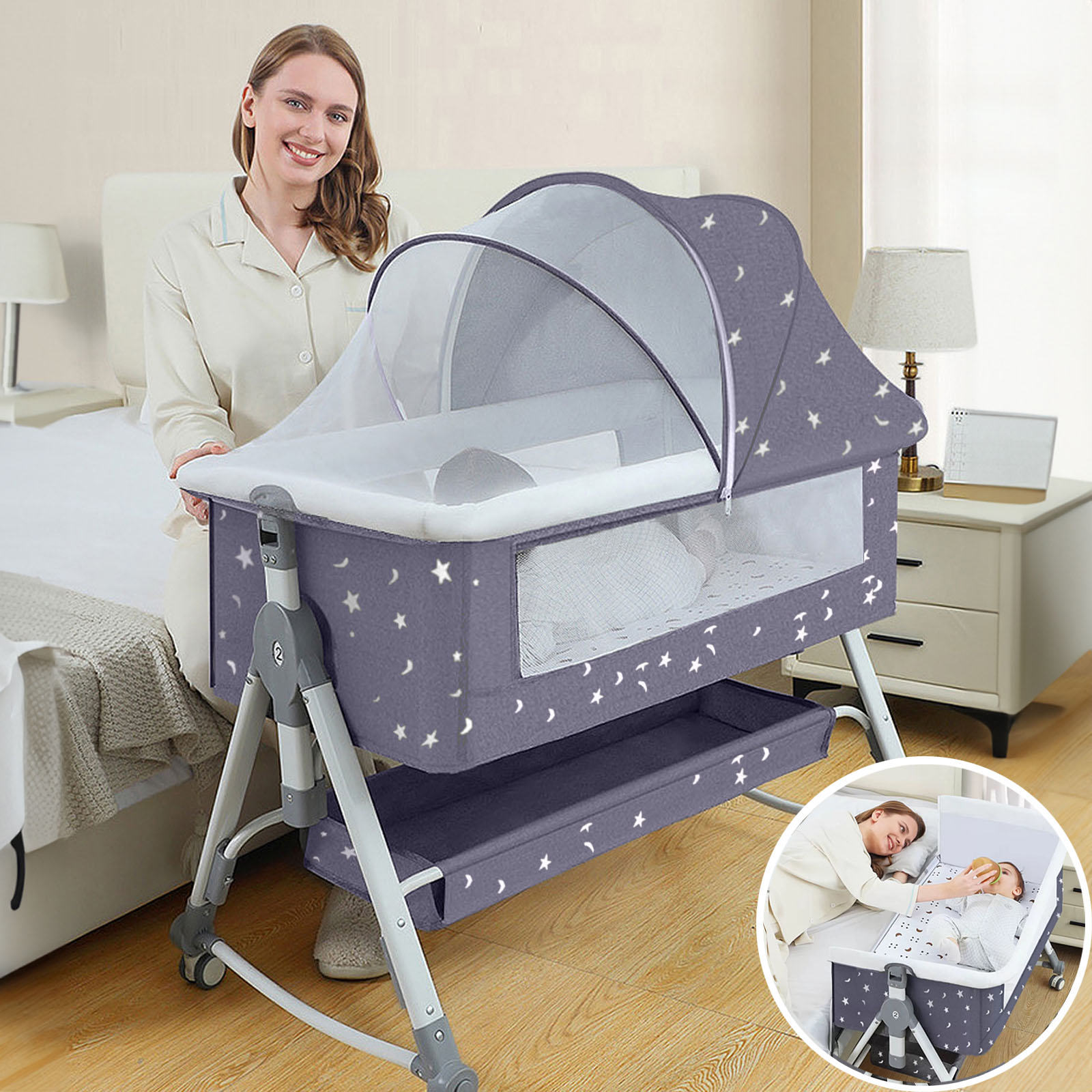 EONROACOO Foldable Baby Bassinet with Changing Table, Adjustable Bedside Crib for Infant, Moyan Starry Sky - image 1 of 11