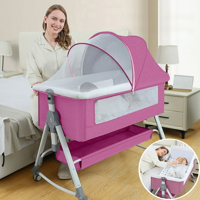 EONROACOO Foldable Baby Bassinet with Changing Table, Adjustable Bedside Crib for Infant, Pink