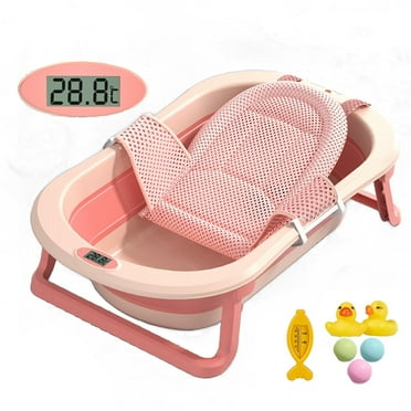 EONROACOO Foldable Baby Bathtub with Thermometer & Net, Portable Infant Baby Tub(Pink)