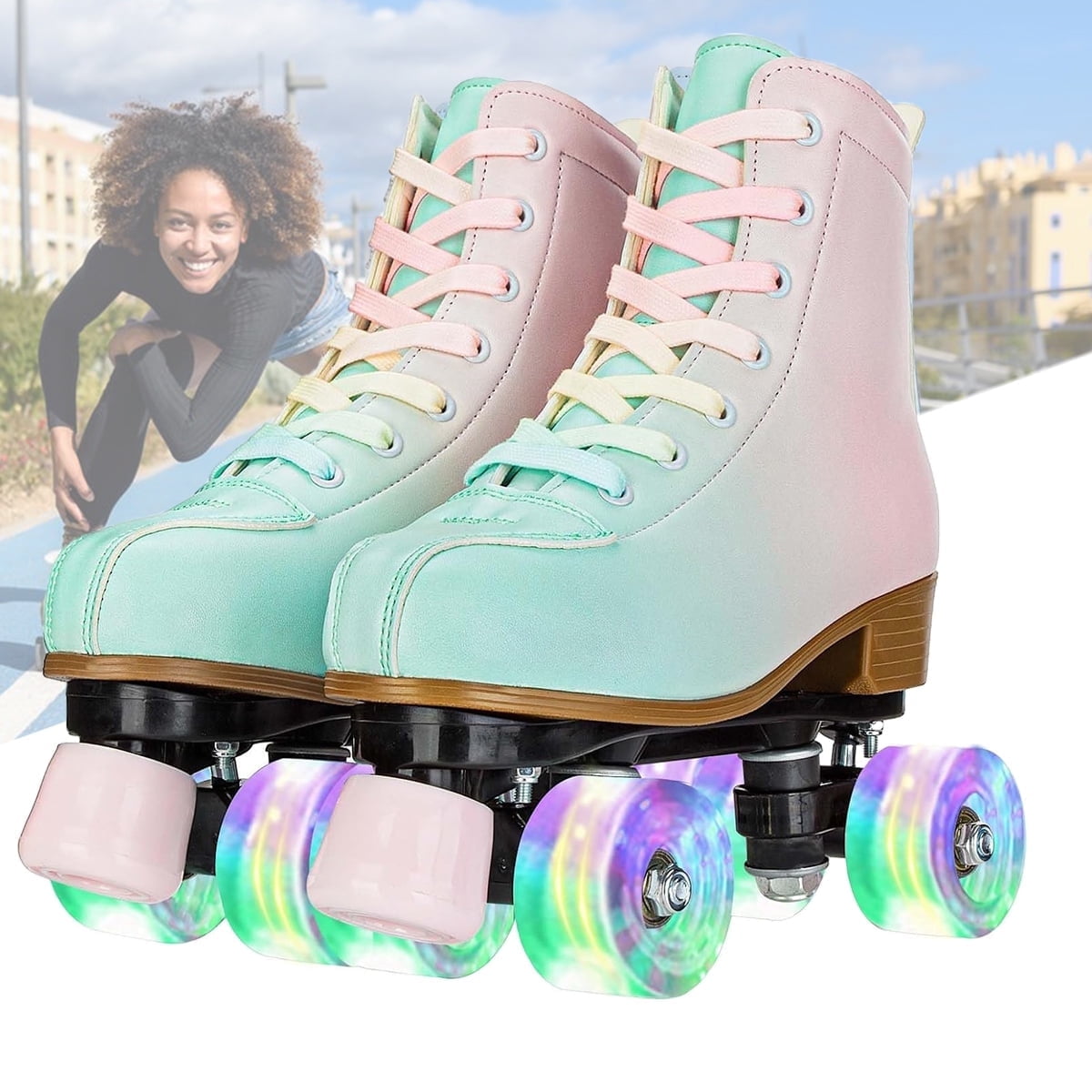 EONROACOO Teen Kids Roller Skates, Lightup Wheels DoubleRow Quad