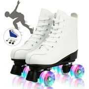 EONROACOO Kids Teen Roller Skates Shiny Wheels Leather Double-Row Quad Skates for Girls Boys(White, Women 6/Men 4.5)