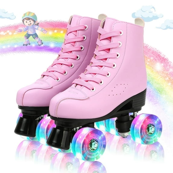 EONROACOO Pink Roller Skates for Girls Boys, Light up Wheels Teen Kids Skates(Youth 3)