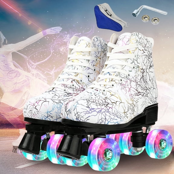 EONROACOO Adult White Roller Skates for Women Men Double Row Light up Skates(Women 9/Men 8)