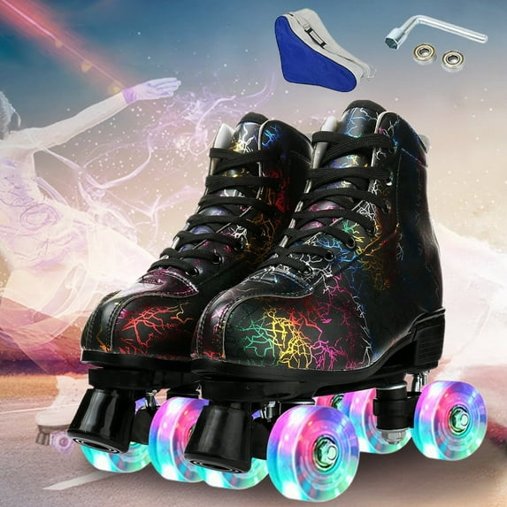 EONROACOO Womens Girls Boys Black Roller Skates Adult Light up Quad Skates(Women 6.5/Men 5)