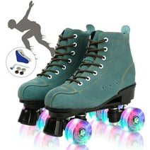 EONROACOO Roller Skates, High Top Leather Roller Skates for Adult, Light up Wheels Double Row Quad Skates(Blue, Women 6/Men 5)