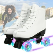 EONROACOO Roller Skates for Teen & Kids & Adult, Shiny Wheels Leather Double-Row Quad Skates(White, Women 8.5/Men 7)