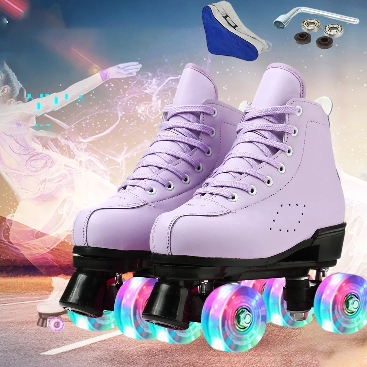 EONROACOO Roller Skates Double Row Leather Shiny Quad Skates for Girls ...