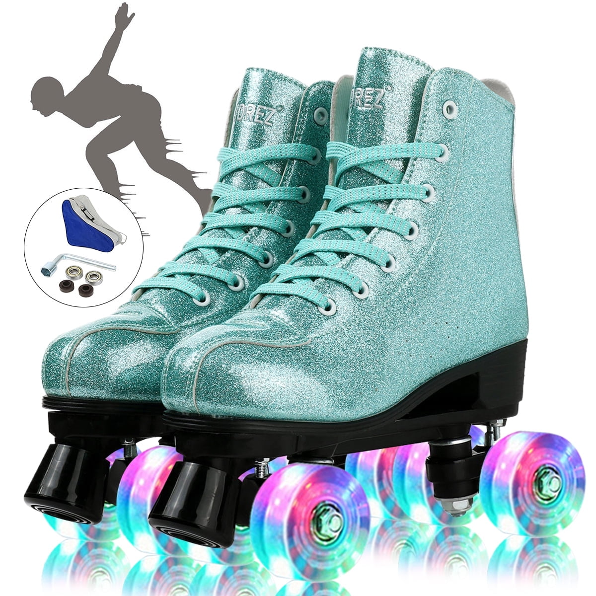 JajaHoho Women's Roller Skates – Holographic Purple High Top Quad Skates With Light-Up Wheels, Indoor & Outdoor
