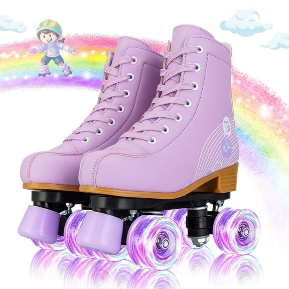 EONROACOO Teen Kids Roller Skates, Flashing Wheels Double-Row Quad Skates for Girls Boys(Purple, Youth 1)