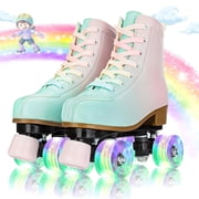 EONROACOO Teen Kids Roller Skates, Light-up Wheels Double-Row Quad Skates,Green Pink,Youth 4/Womens 4.5