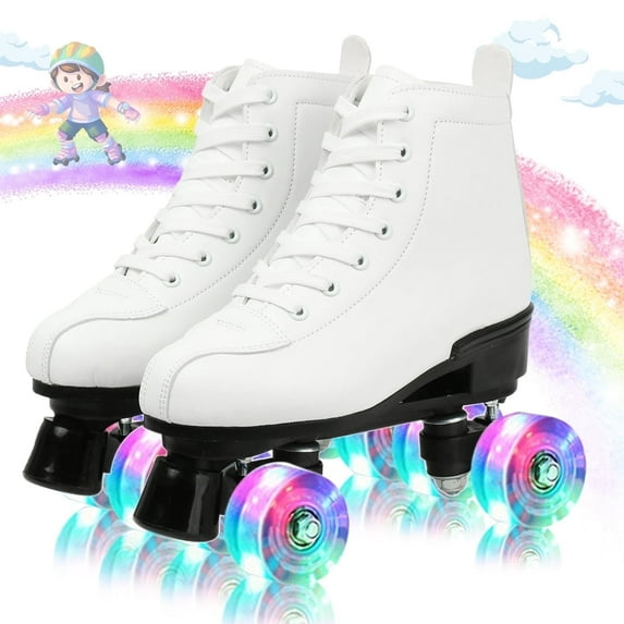 EONROACOO Teen Kids Skates with Light up Wheels, White Roller Skates for Girls Boys(Youth 5/Women's 5.5/Men 5)