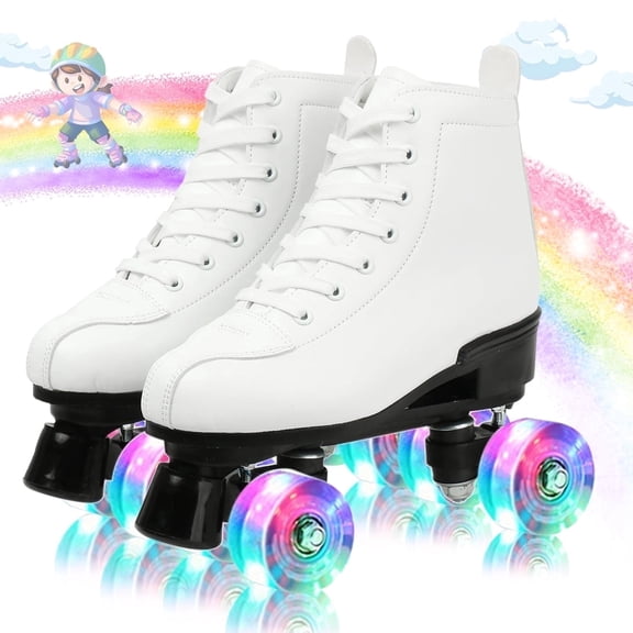 EONROACOO Teen Kids Skates with Light up Wheels, White Roller Skates for Girls Boys(Youth 3)