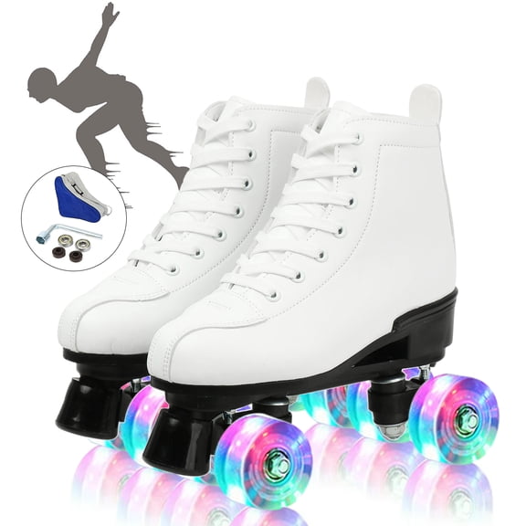 EONROACOO Women Men Roller Skates, Classic High Top Leather Light up Wheels Double Row Quad Skates(White, Women 8/Men 6.5)