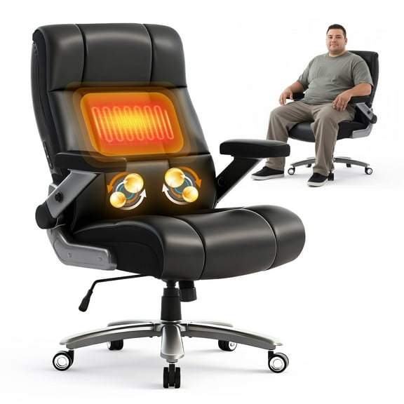 EOP 23.62'' Extra Wide Office Chair, 600 Lbs Big and Tall Executive Office Chair with Heat and Kneading Massage, Ergonomic Computer Chair with 3D Flip-up Arms, Black