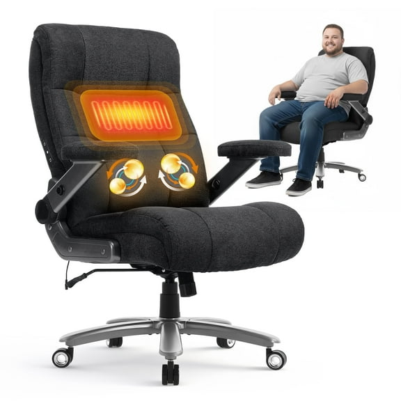 EOP 23.62'' Extra Wide Office Chair, 600 Lbs Big and Tall Executive Office Chair with Heat and Kneading Massage, Ergonomic Computer Chair with 3D Flip-up Arms, Black