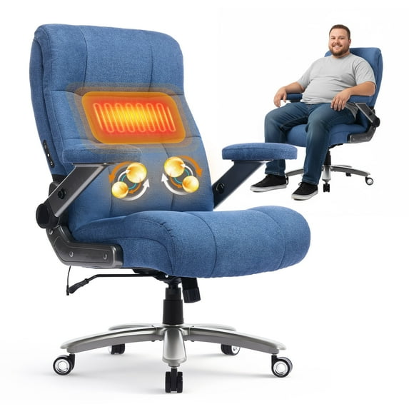 EOP 23.62'' Extra Wide Office Chair, 600 Lbs Big and Tall Executive Office Chair with Heat and Kneading Massage, Ergonomic Computer Chair with 3D Flip-up Arms, Blue