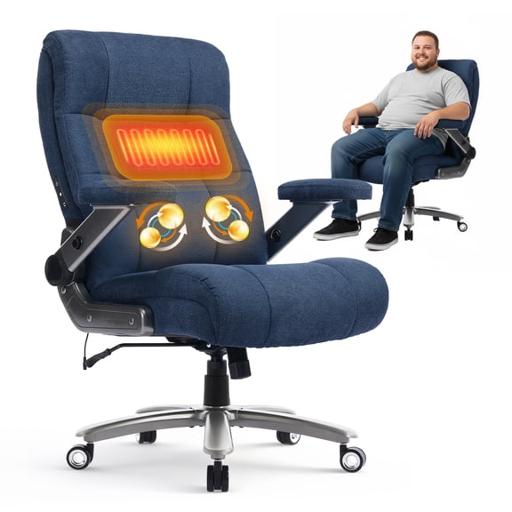 EOP 23.62'' Extra Wide Big and Tall Office Chair, Executive Computer Desk Chair with Heat Kneading Massage and 3D Flip-Up Arms, Blue