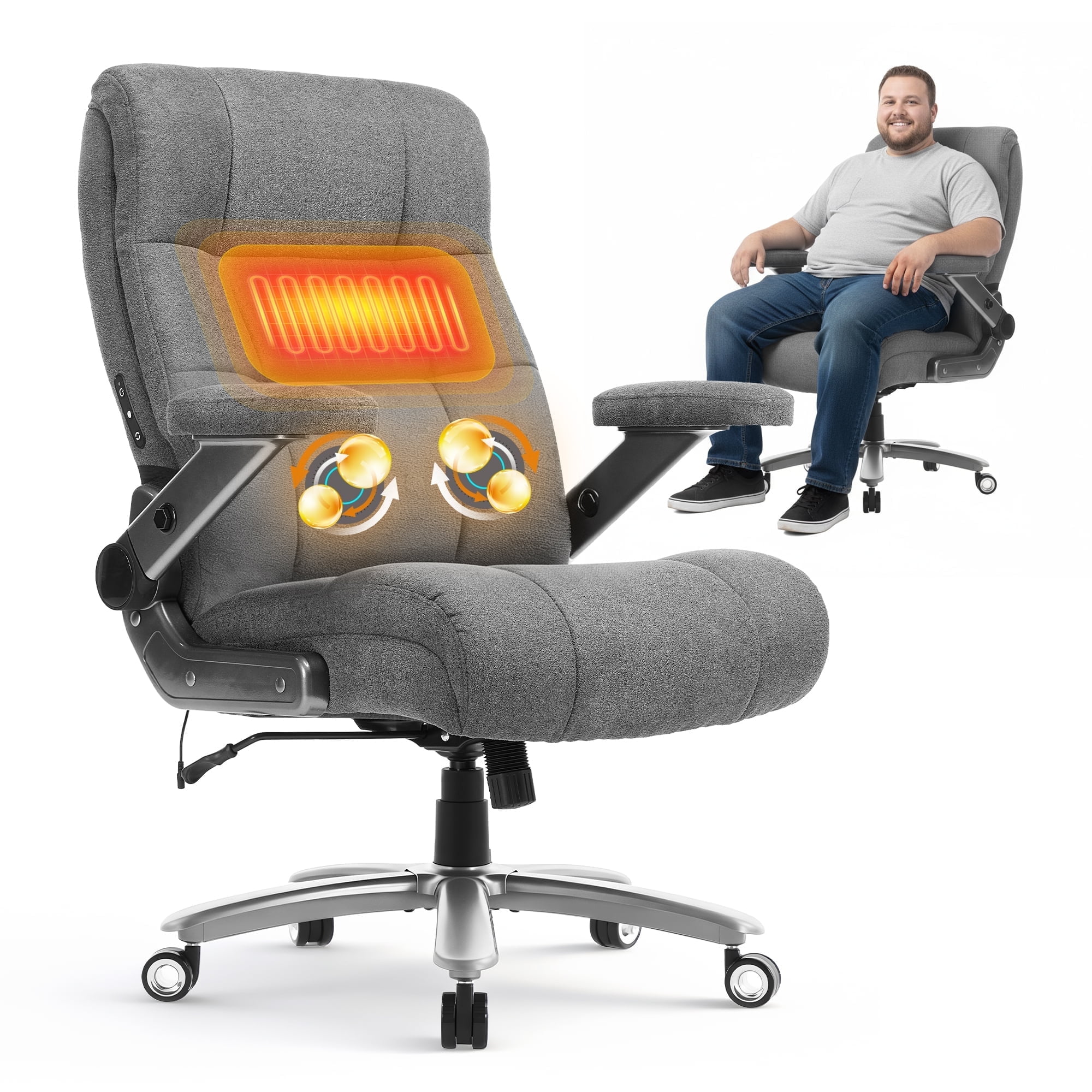 EOP 23.62'' Extra Wide Office Chair, 600 Lbs Big and Tall Executive Office Chair with Heat and Kneading Massage, Ergonomic Computer Chair with 3D Flip-up Arms, Dark Gray