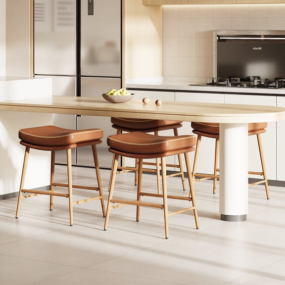 EOP 24''H Barstools Set of 4, Modern Saddle Counter Height Bar Stools, PU Leather Farmhouse Backless Counter Stools with Sturdy Metal Frame Legs, Brown