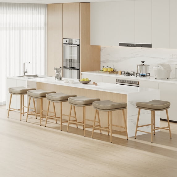 EOP 24''H Barstools Set of 6, Modern Saddle Counter Height Bar Stools, PU Leather Farmhouse Backless Counter Stools with Sturdy Metal Frame Legs, Light Coffee