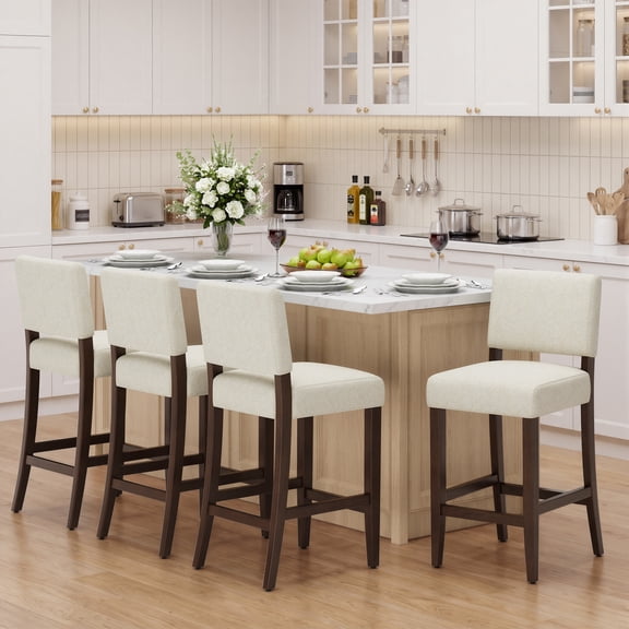EOP 25.98" Modern Counter Height Barstools Set of 4, Farmhouse Wooden Upholstered Bar Stools With Footrest for Kitchen Island, Bar, Dining Room, Beige