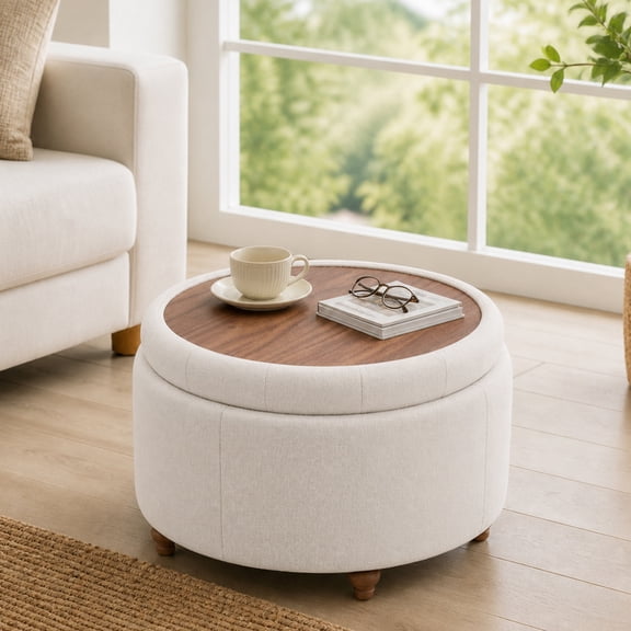 EOP 25" Round Storage Ottoman, Tufted Fabric Modern Circle Ottoman with Reversible Tray Lid, Solid Wood Legs, Multi-Use Coffee Table & Seating for Living Room, Bedroom, Camel