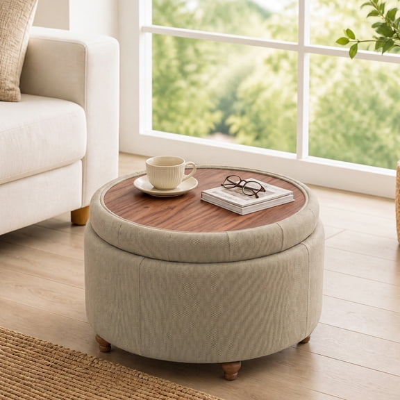 EOP 25" Round Storage Ottoman, Tufted Fabric Modern Circle Ottoman with Reversible Tray Lid, Solid Wood Legs, Multi-Use Coffee Table & Seating for Living Room, Bedroom, Coffee
