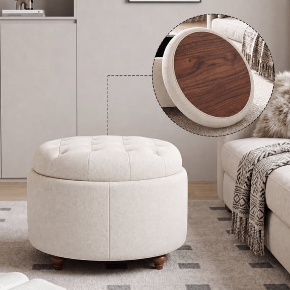 EOP 25" Round Storage Ottoman, Tufted Fabric Modern Circle Ottoman with Reversible Tray Lid, Solid Wood Legs, Multi-Use Coffee Table & Seating for Living Room, Bedroom, Camel
