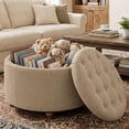thumbnail image 1 of EOP 25" Round Storage Ottoman, Modern Tufted Fabric Footrest Stool With Reversible Tray Lid, Solid Wood Legs, Multifunctional Coffee Table For Living Room, Bedroom, Coffee, 1 of 16