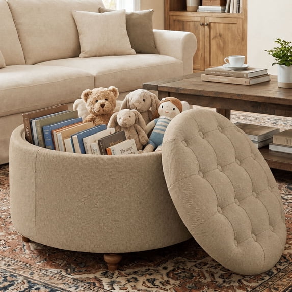 EOP 25" Round Storage Ottoman, Modern Tufted Fabric Footrest Stool With Reversible Tray Lid, Solid Wood Legs, Multifunctional Coffee Table For Living Room, Bedroom, Coffee