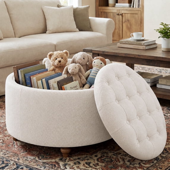 EOP 25" Round Storage Ottoman, Modern Tufted Fabric Footrest Stool With Reversible Tray Lid, Solid Wood Legs, Multifunctional Coffee Table For Living Room, Bedroom, Camel