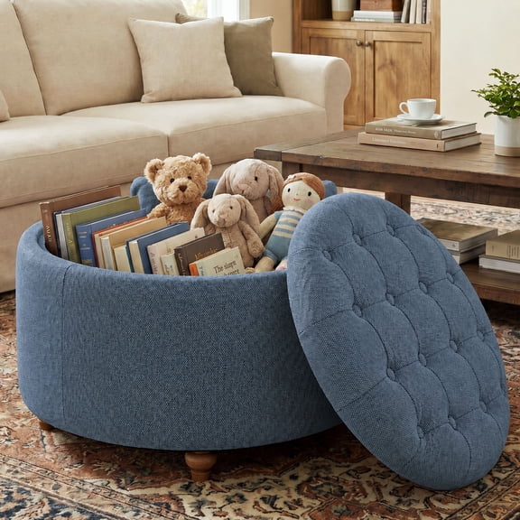 EOP 25" Round Storage Ottoman, Tufted Fabric Modern Circle Ottoman with Reversible Tray Lid, Solid Wood Legs, Multi-Use Coffee Table & Seating for Living Room, Bedroom, Blue