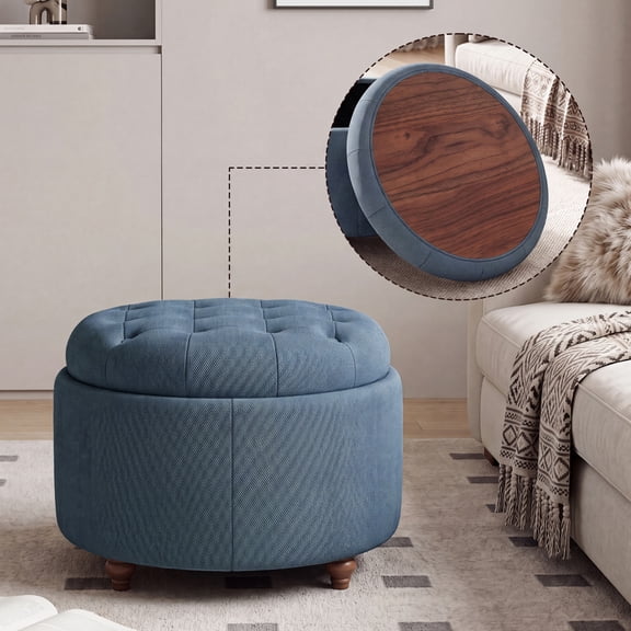 EOP 25" Round Storage Ottoman, Tufted Fabric Modern Circle Ottoman with Reversible Tray Lid, Solid Wood Legs, Multi-Use Coffee Table & Seating for Living Room, Bedroom, Blue