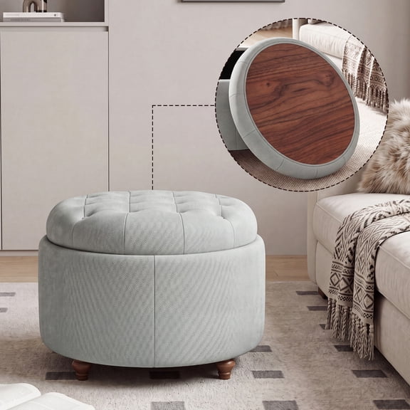 EOP 25" Round Storage Ottoman, Tufted Fabric Modern Circle Ottoman with Reversible Tray Lid, Solid Wood Legs, Multi-Use Coffee Table & Seating for Living Room, Bedroom, Gray