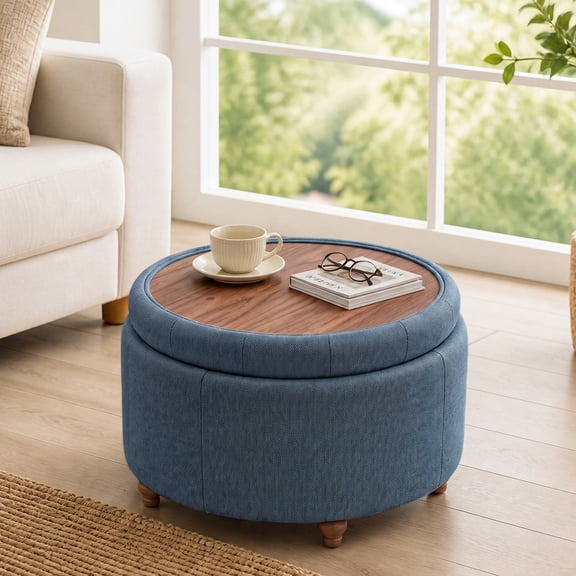 EOP 25" Round Storage Ottoman, Tufted Fabric Modern Circle Ottoman with Reversible Tray Lid, Solid Wood Legs, Multi-Use Coffee Table & Seating for Living Room, Bedroom, Blue