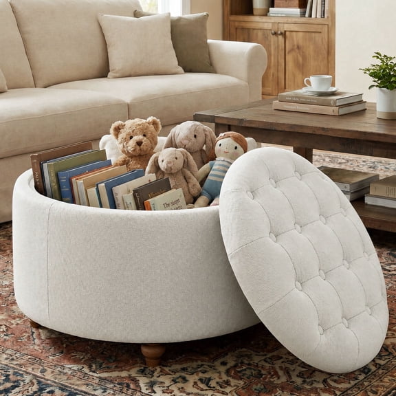 EOP 25" Round Storage Ottoman, Modern Tufted Fabric Footrest Stool With Reversible Tray Lid, Solid Wood Legs, Multifunctional Coffee Table For Living Room, Bedroom, Beige
