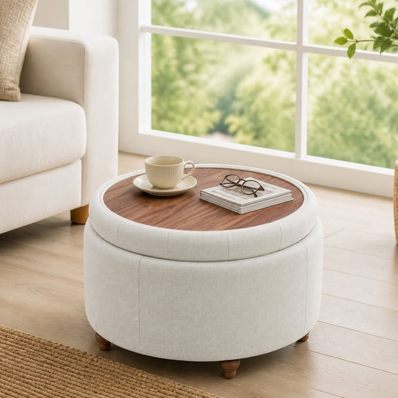 EOP 25" Round Storage Ottoman, Tufted Fabric Modern Circle Ottoman with Reversible Tray Lid, Solid Wood Legs, Multi-Use Coffee Table & Seating for Living Room, Bedroom, Beige