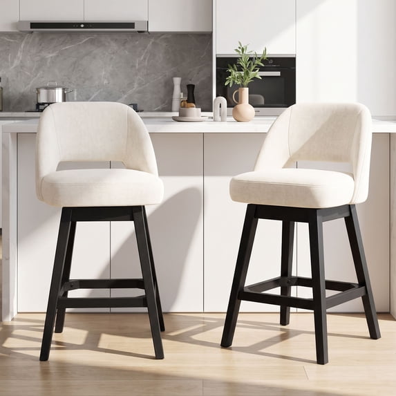 EOP 26'' Swivel Counter Height Bar Stools Set of 2, Modern Upholstered Bar Stools with Curved Back and Solid Wood Legs, Bar Chairs for Kitchen Island Home Bar, Beige