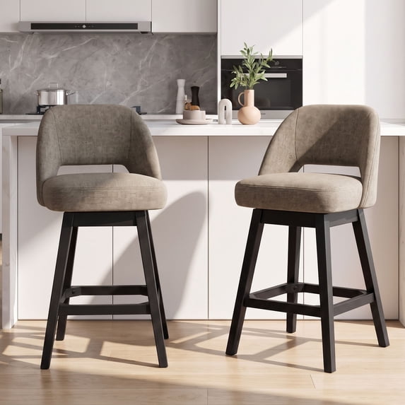 EOP 26'' Swivel Counter Height Bar Stools Set of 2, Modern Upholstered Bar Stools with Curved Back and Solid Wood Legs, Bar Chairs for Kitchen Island Home Bar, Camel