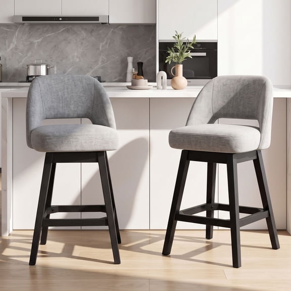 EOP 26'' Swivel Counter Height Bar Stools Set of 2, Modern Upholstered Bar Stools with Curved Back and Solid Wood Legs, Bar Chairs for Kitchen Island Home Bar, Gray