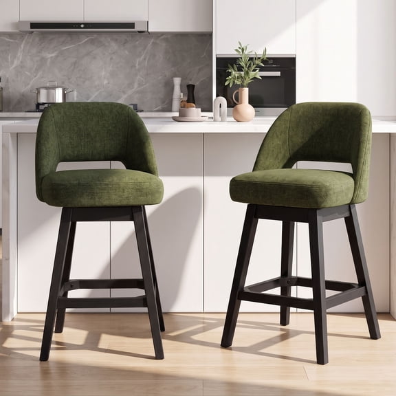 EOP 26'' Swivel Counter Height Bar Stools Set of 2, Modern Upholstered Bar Stools with Curved Back and Solid Wood Legs, Bar Chairs for Kitchen Island Home Bar, Green