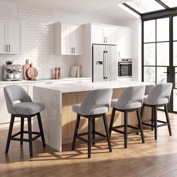 EOP 26'' Swivel Counter Height Bar Stools Set of 4, Modern Upholstered Bar Stools with Curved Back and Solid Wood Legs, Bar Chairs for Kitchen Island Home Bar, Gray