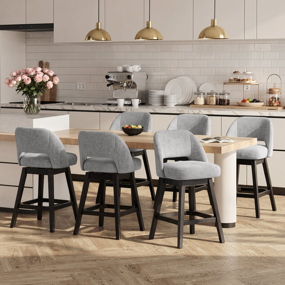 EOP 26'' Swivel Counter Height Bar Stools Set of 6, Modern Upholstered Bar Stools with Curved Back and Solid Wood Legs, Bar Chairs for Kitchen Island Home Bar, Gray