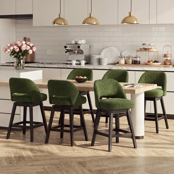 EOP 26'' Swivel Counter Height Bar Stools Set of 6, Modern Upholstered Bar Stools with Curved Back and Solid Wood Legs, Bar Chairs for Kitchen Island Home Bar, Green