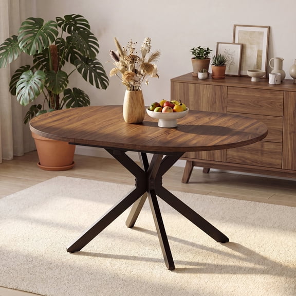 EOP 43″- 59″ Extendable Round Dining Table for 4-6, Farmhouse Oval Kitchen Table with Removable Leaves, Mid Century Modern Dining Room Table with Metal Frame, Space Saving, Walnut